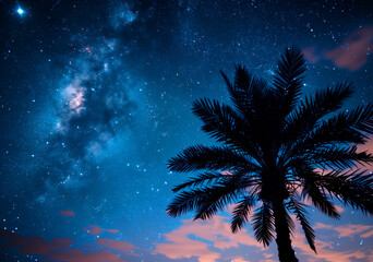 Fototapeta na wymiar Palm tree silhouette against a Milky Way starry sky at dusk.