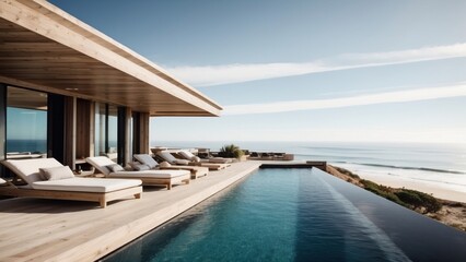 Fototapeta premium Luxurious beachfront residence featuring a private rooftop infinity pool with panoramic views of the Pacific Ocean in Malibu, California