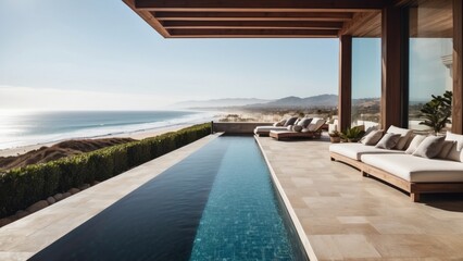 Fototapeta premium Luxurious beachfront residence featuring a private rooftop infinity pool with panoramic views of the Pacific Ocean in Malibu, California