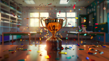Trophy cup. Champion trophy, shiny golden cup and falling confetti on wooden desk in classroom.