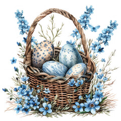 Happy Easter background with eggs in basket, spring flowers and copy space. Greeting card - 757553358