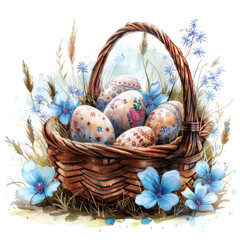 Happy Easter background with eggs in basket, spring flowers and copy space. Greeting card - 757553523