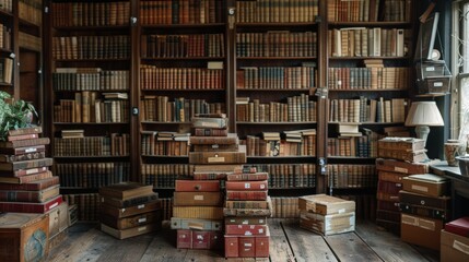 A stack of labeled boxes in a home library, with shelves waiting to be filled with books and memorabilia, reflecting the personal and thoughtful process of arranging a cherished collection
