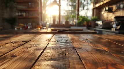 A sturdy, natural wood table top dominates the foreground, its surface scarred yet beautiful. In the blurred background, a kitchen scene hums with the promise of creativity and culinary exploration - obrazy, fototapety, plakaty