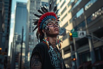 A man in a vibrant headdress stands confidently in the middle of a bustling street, capturing the attention of passersby with his powerful presence. - obrazy, fototapety, plakaty