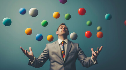 A person juggling multiple balls in the air, illustrating multitasking and coordination in business operations