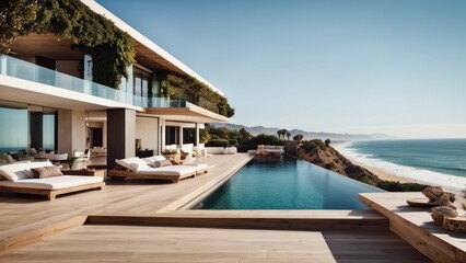Obraz premium Luxurious beachfront residence featuring a private rooftop infinity pool with panoramic views of the Pacific Ocean in Malibu, California