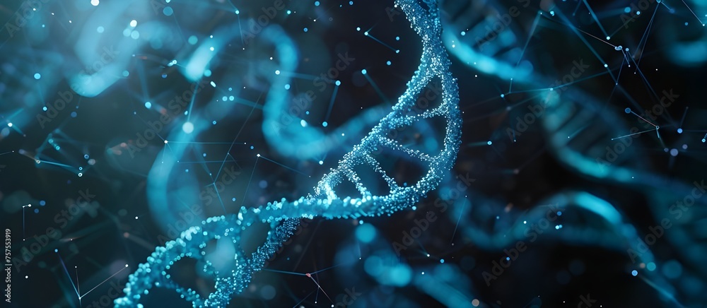 Poster Abstract luminous DNA molecule. A glowing DNA helix structure amid a network of bioinformatics and molecular biology.