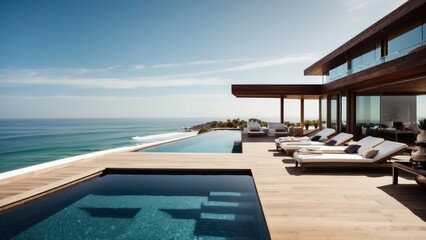 Fototapeta premium Luxurious beachfront residence featuring a private rooftop infinity pool with panoramic views of the Pacific Ocean in Malibu, California
