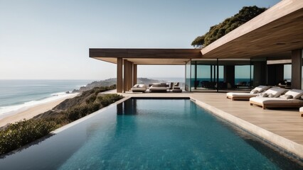 Obraz premium Luxurious beachfront residence featuring a private rooftop infinity pool with panoramic views of the Pacific Ocean in Malibu, California