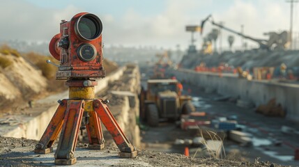 A surveyor's telescope, mounted on a tripod, stands firmly on the uneven ground of a bustling construction site. The precise instrument is aimed towards a distant point, under the watchful eye - obrazy, fototapety, plakaty