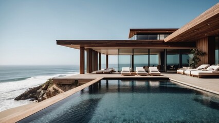 Obraz premium Luxurious beachfront residence featuring a private rooftop infinity pool with panoramic views of the Pacific Ocean in Malibu, California
