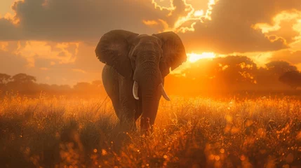Fotobehang Majestic Sunset with African Elephant © bernd77