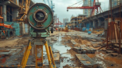 A surveyor's telescope, mounted on a tripod, stands firmly on the uneven ground of a bustling construction site. The precise instrument is aimed towards a distant point, under the watchful eye