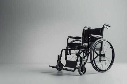 A black and white wheelchair stands as a symbol of mobility and independence.