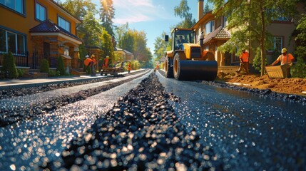 A team of workers diligently laying new asphalt on a residential street, with machinery compressing the hot mix under the bright sun. The scene is filled with the sense of renewal as the old - obrazy, fototapety, plakaty
