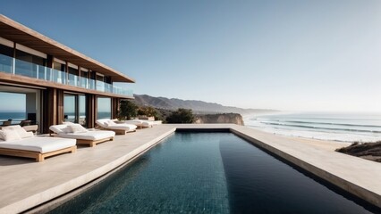 Fototapeta premium Luxurious beachfront residence featuring a private rooftop infinity pool with panoramic views of the Pacific Ocean in Malibu, California