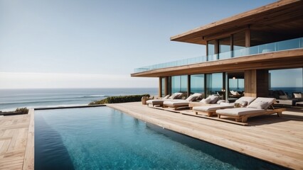 Fototapeta premium Luxurious beachfront residence featuring a private rooftop infinity pool with panoramic views of the Pacific Ocean in Malibu, California