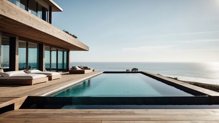 Fototapeta na wymiar Luxurious beachfront residence featuring a private rooftop infinity pool with panoramic views of the Pacific Ocean in Malibu, California