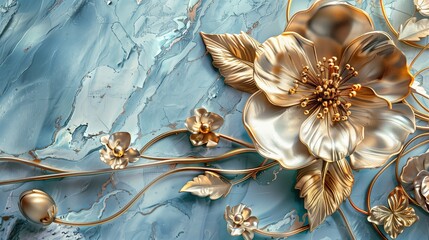 A detailed unique presentation of a golden flowers with a complex texture and edging on the petals lying on blue marble.  - obrazy, fototapety, plakaty
