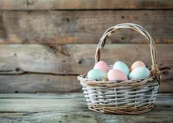 Colorful Easter eggs in basket on wooden desk. Seasonal background for holiday card, vintage style - 757554374
