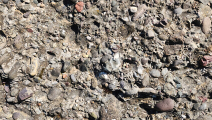 Texture of conglomerate rock by the side of a lake