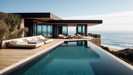 Obraz premium Luxurious beachfront residence featuring a private rooftop infinity pool with panoramic views of the Pacific Ocean in Malibu, California