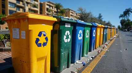 A vibrant array of yellow, green, and blue recycling bins stands prominently against a clear blue sky, each labeled for plastic, paper, and glass respectively. The bins, positioned side by side - obrazy, fototapety, plakaty