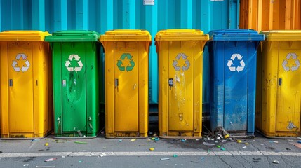 A vibrant array of yellow, green, and blue recycling bins stands prominently against a clear blue sky, each labeled for plastic, paper, and glass respectively. The bins, positioned side by side - obrazy, fototapety, plakaty
