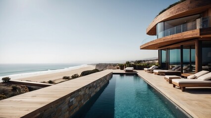 Fototapeta na wymiar Luxurious beachfront residence featuring a private rooftop infinity pool with panoramic views of the Pacific Ocean in Malibu, California