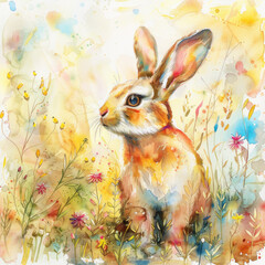 Watercolor colorful illustration of cute Easter bunny, seasonal greeting card - 757554741