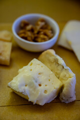 Cheese tasting, piece of italian blue cheeses gorgonzola dolce and picante with blue mold from north of Italy close up