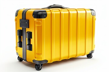 Highlighting sustainability in travel, this PNG image features a big yellow eco-friendly suitcase made from recycled materials, isolated with a shadow on a transparent background.