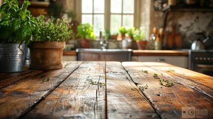 A vintage wooden table, its surface etched with stories of past meals and gatherings, stands in a kitchen where details of appliances and herbs are softly blurred.  - obrazy, fototapety, plakaty