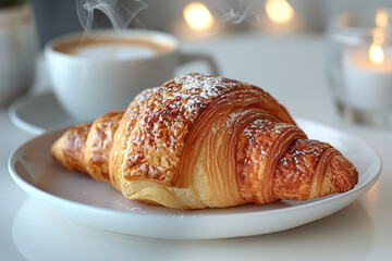 Croissants and coffee are a staple for hungry mornings. As soon as you wake up, you will be charged with energy to spend the day full of wonderful vitality. breakfast and coffee concept..
