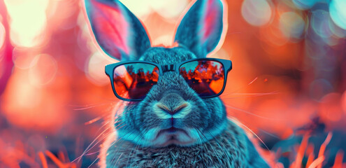 Cool DJ rabbit in sunglasses in colorful neon light, funny Easter design - 757555144