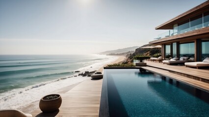 Obraz premium Luxurious beachfront residence featuring a private rooftop infinity pool with panoramic views of the Pacific Ocean in Malibu, California