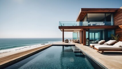 Obraz premium Luxurious beachfront residence featuring a private rooftop infinity pool with panoramic views of the Pacific Ocean in Malibu, California