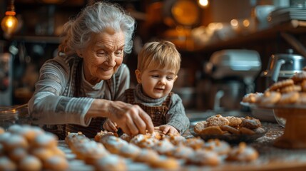 A warm kitchen scene where a grandmother and her grandson are decorating cookies with icing and sprinkles, with a variety of cookies laid out on the counter ready for decoration - obrazy, fototapety, plakaty