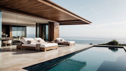 Fototapeta premium Luxurious beachfront residence featuring a private rooftop infinity pool with panoramic views of the Pacific Ocean in Malibu, California