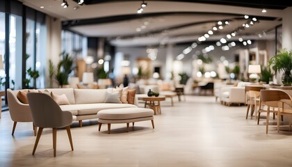 Fototapeta na wymiar Blurred image of a designer furniture showroom floor, generative AI