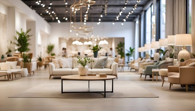 Blurred image of a designer furniture showroom floor, generative AI