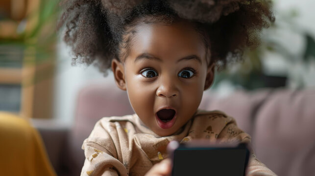  African American little girl looking at the screen of the phone browsing content, modern gadgets concept.