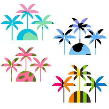 Colorful tropic palm trees, summer graphic elements for design