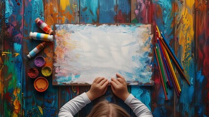 A wooden table set for a child art session, with a hand moving to choose between pastels and...