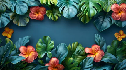 Selbstklebende Fototapeten Tropical foliage and flowers frame on dark background © ChaoticDesignStudio