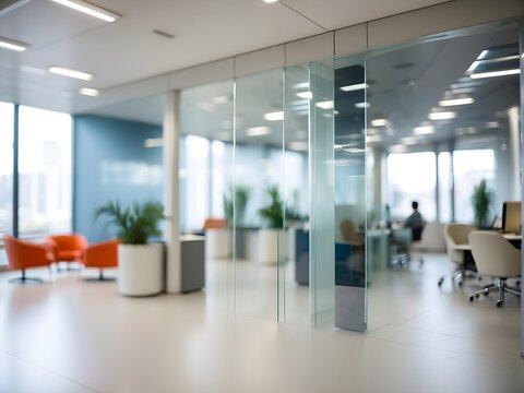 Blurred image of an ultra-modern office interior with glass partitions, generative AI
