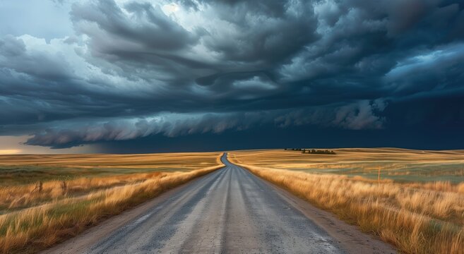 Stormy Road Journey: Dark Clouds Over Golden Fields