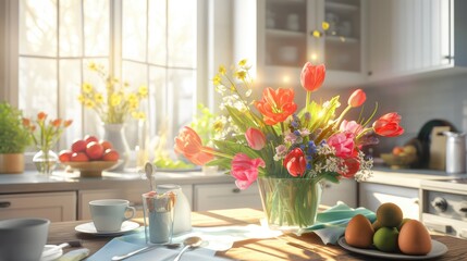 Easter festivities with a vibrant table adorned with spring flowers in a sunlit April kitchen, offering abundant space for text overlays. - obrazy, fototapety, plakaty