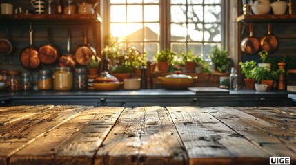 An aged wooden table, bearing the marks of time and use, stands in a homely kitchen. The blurred pots and pans in the background evoke a sense of daily life, making it an ideal - obrazy, fototapety, plakaty